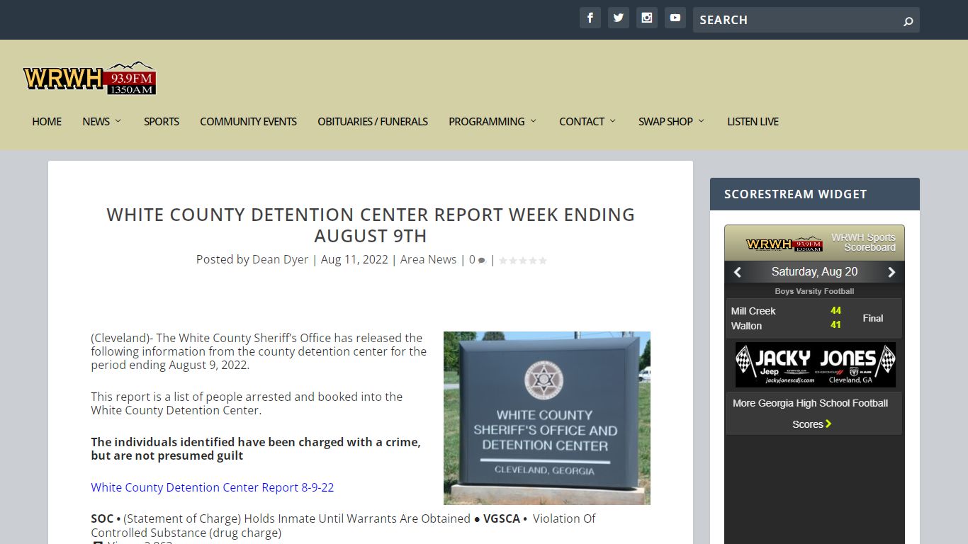 White County Detention Center Report Week Ending August 9th